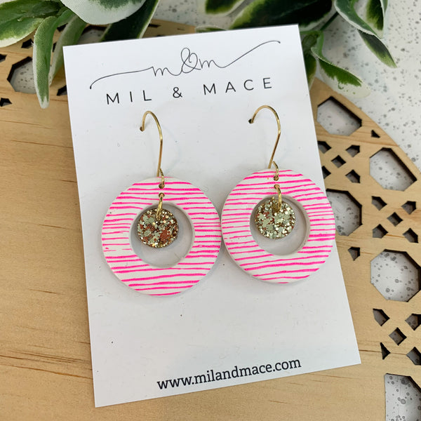 Hot Pink and White Polymer Clay Dangle Earrings