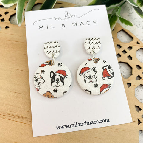 Christmas French Bulldog  Polymer Clay Dangle Earrings