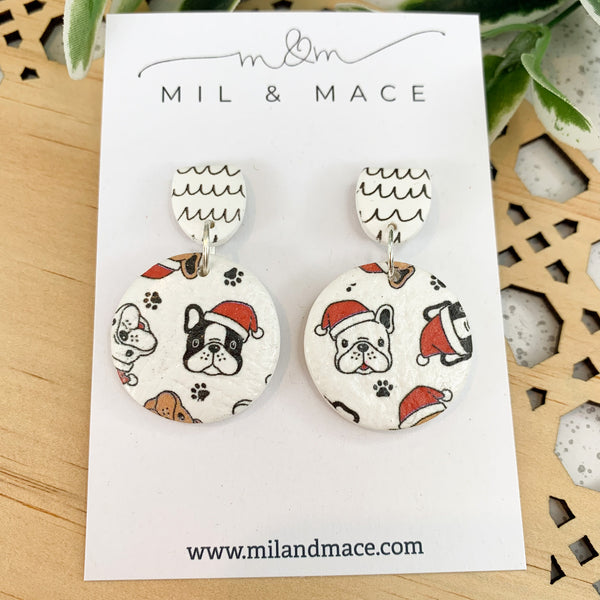 Christmas French Bulldog  Polymer Clay Dangle Earrings