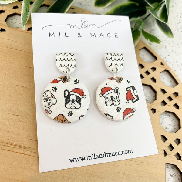 Christmas French Bulldog  Polymer Clay Dangle Earrings