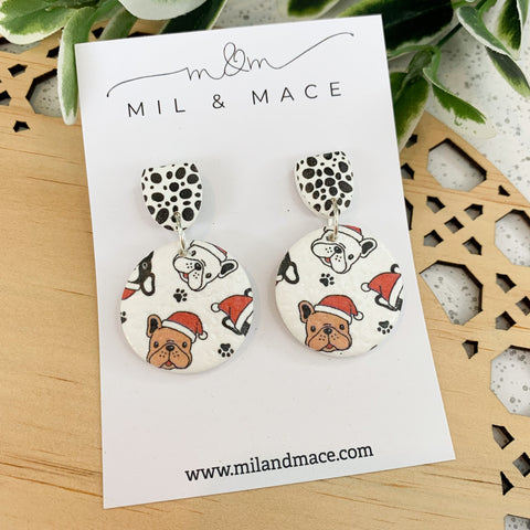 Christmas French Bulldog  Polymer Clay Dangle Earrings