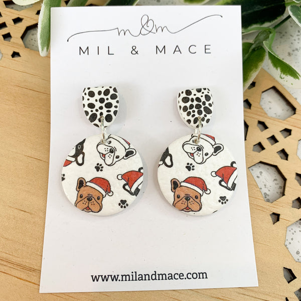 Christmas French Bulldog  Polymer Clay Dangle Earrings