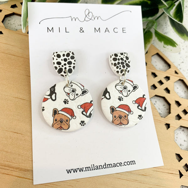 Christmas French Bulldog  Polymer Clay Dangle Earrings