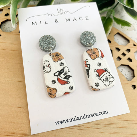 Christmas French Bulldog  Polymer Clay Dangle Earrings