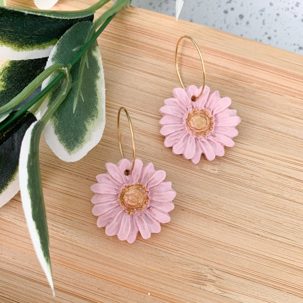 Daisy Pastel Pink Polymer Clay Dangle Hoop Earrings