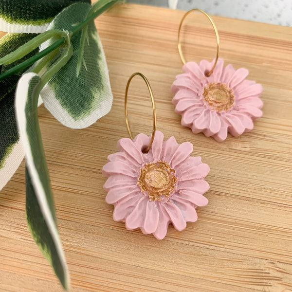 Daisy Pastel Pink Polymer Clay Dangle Hoop Earrings