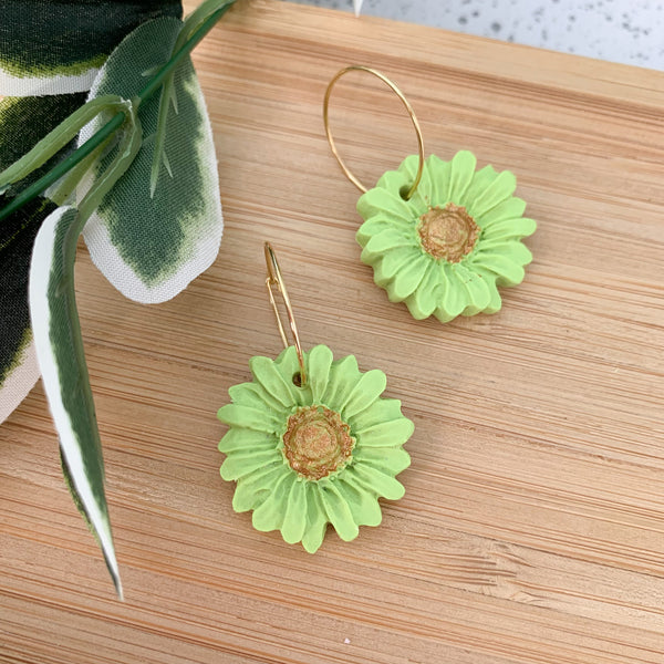 Daisy Lime Green Polymer Clay Dangle Hoop Earrings