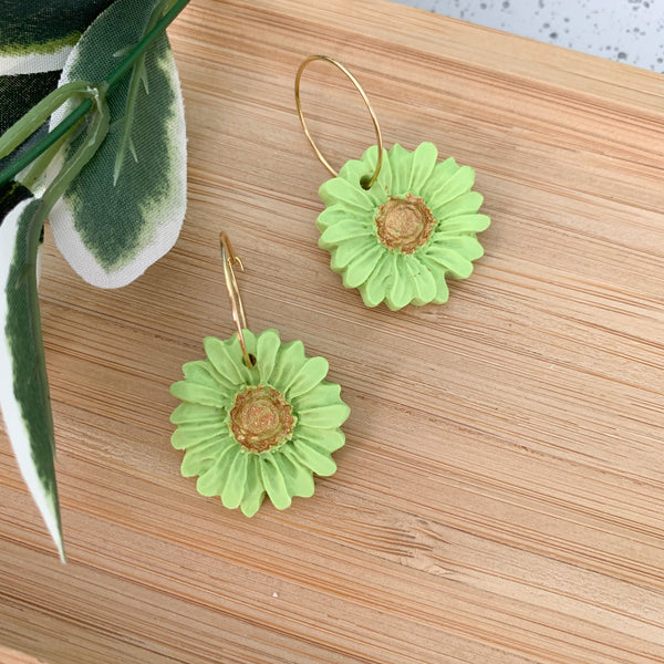 Daisy Lime Green Polymer Clay Dangle Hoop Earrings