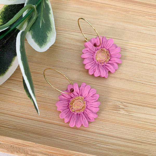 Daisy Pale Fuchsia Polymer Clay Dangle Hoop Earrings