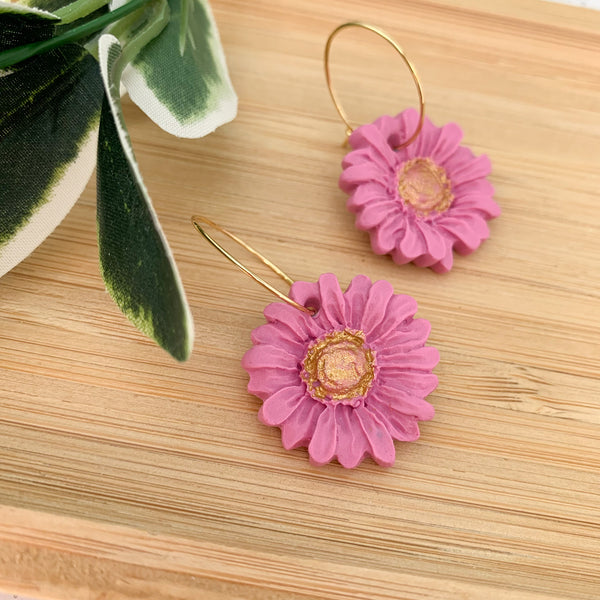 Daisy Pale Fuchsia Polymer Clay Dangle Hoop Earrings