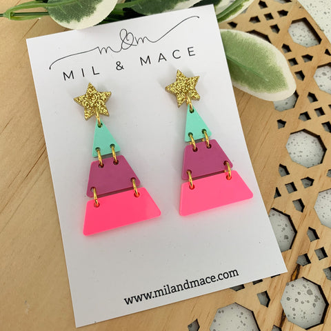 Tiered Christmas Tree Pink, Purple and Teal Resin Dangle Earrings