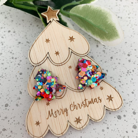 Merry Christmas Gift Card with Christmas Tree Stud Earrings