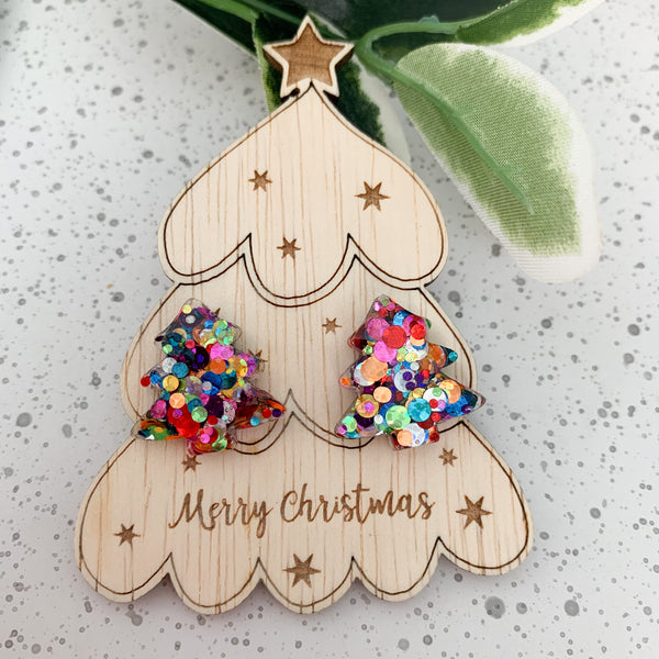 Merry Christmas Gift Card with Christmas Tree Stud Earrings