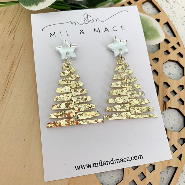 Zig Zag Gold Christmas Tree Acrylic Dangle Earrings