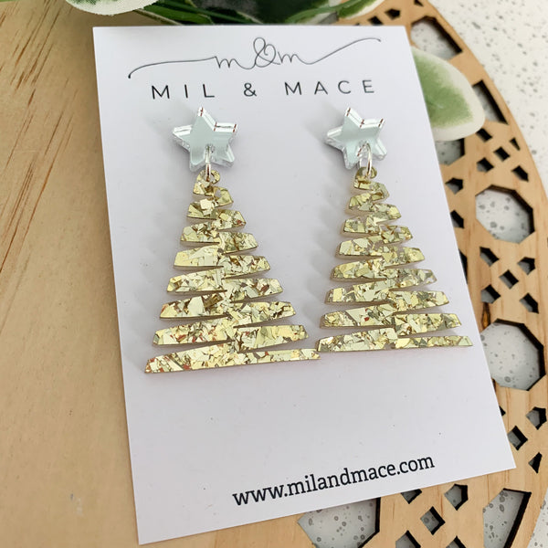 Zig Zag Gold Christmas Tree Acrylic Dangle Earrings