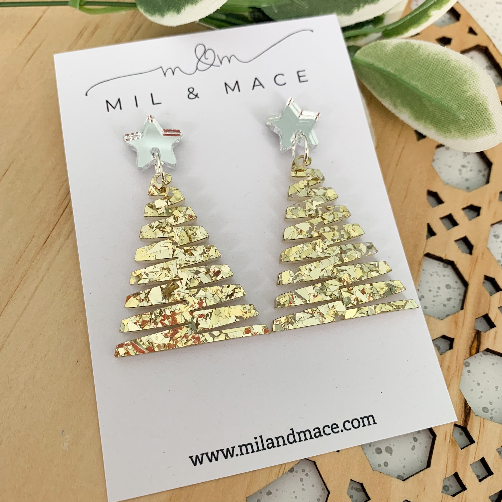 Zig Zag Gold Christmas Tree Acrylic Dangle Earrings