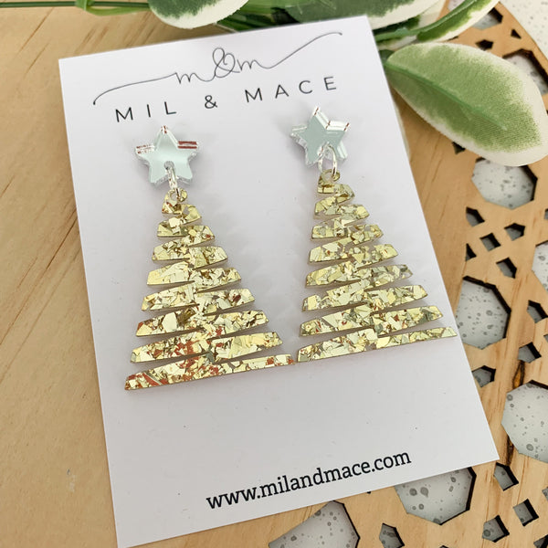 Zig Zag Gold Christmas Tree Acrylic Dangle Earrings