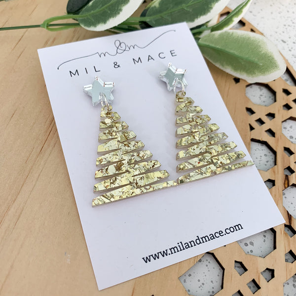 Zig Zag Gold Christmas Tree Acrylic Dangle Earrings