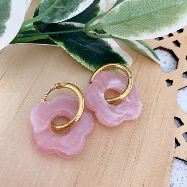 Flower Soft Pink Huggie Dangle Earrings