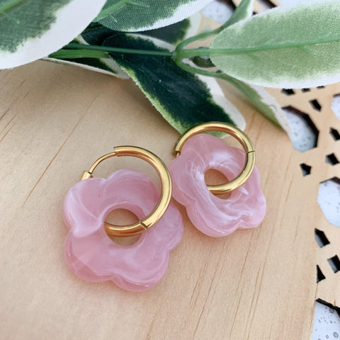 Flower Soft Pink Huggie Dangle Earrings