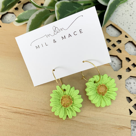 Daisy Lime Green Polymer Clay Dangle Hoop Earrings