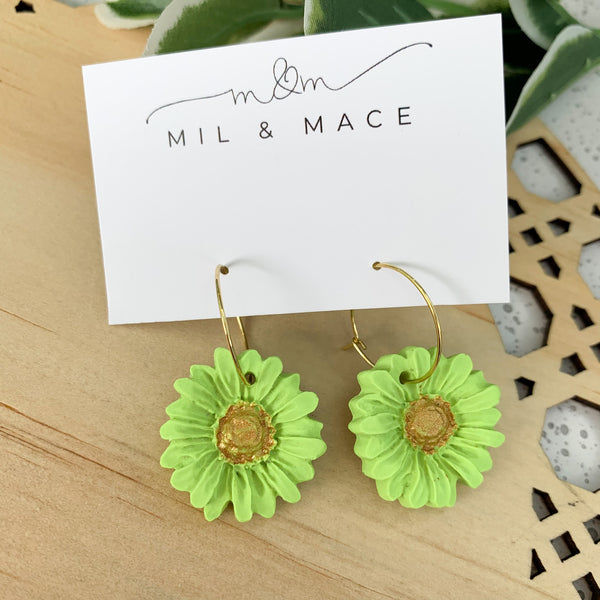 Daisy Lime Green Polymer Clay Dangle Hoop Earrings