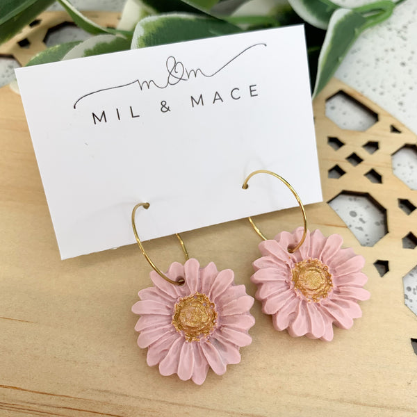 Daisy Pastel Pink Polymer Clay Dangle Hoop Earrings