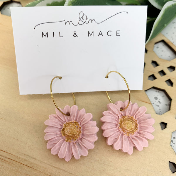 Daisy Pastel Pink Polymer Clay Dangle Hoop Earrings