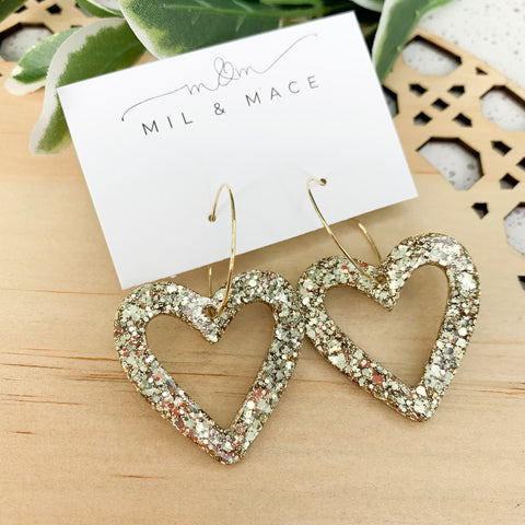 Gold Glitter Valentines Hearts Resin Dangle Earrings
