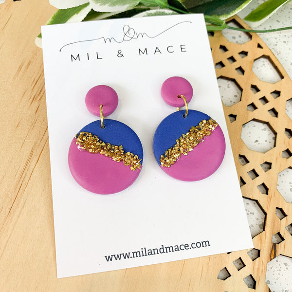 Demi Round Blue and Purple Polymer Clay Dangle Earrings