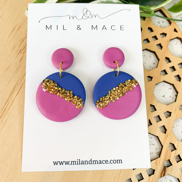 Demi Round Blue and Purple Polymer Clay Dangle Earrings