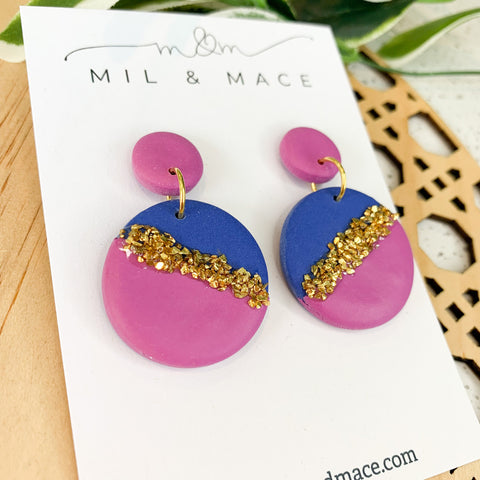 Demi Round Blue and Purple Polymer Clay Dangle Earrings