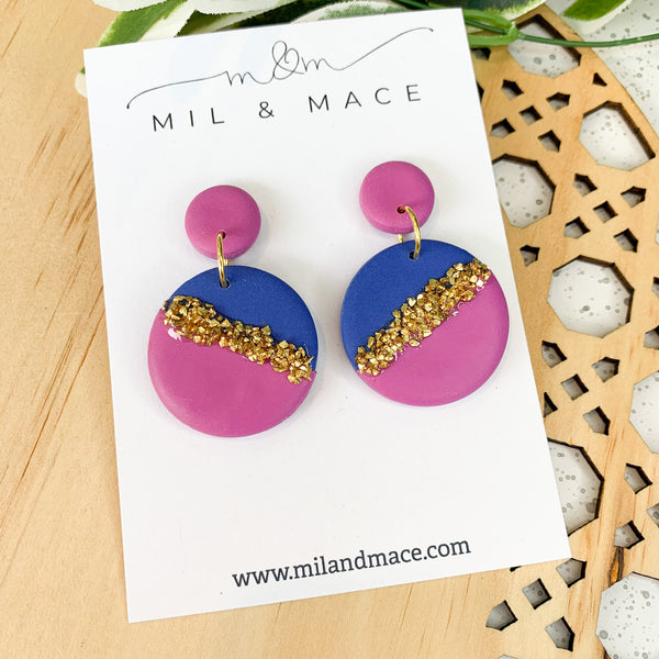 Demi Round Blue and Purple Polymer Clay Dangle Earrings