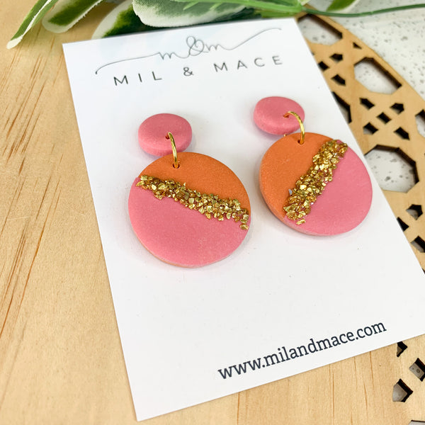 Demi Round Orange and Pink Polymer Clay Dangle Earrings