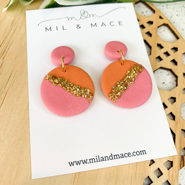 Demi Round Orange and Pink Polymer Clay Dangle Earrings