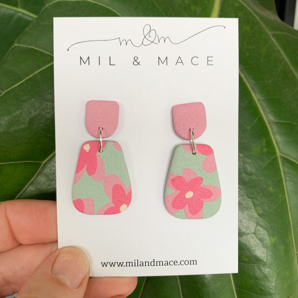 Green and Pink Floral Print Polymer Clay Dangle Earrings