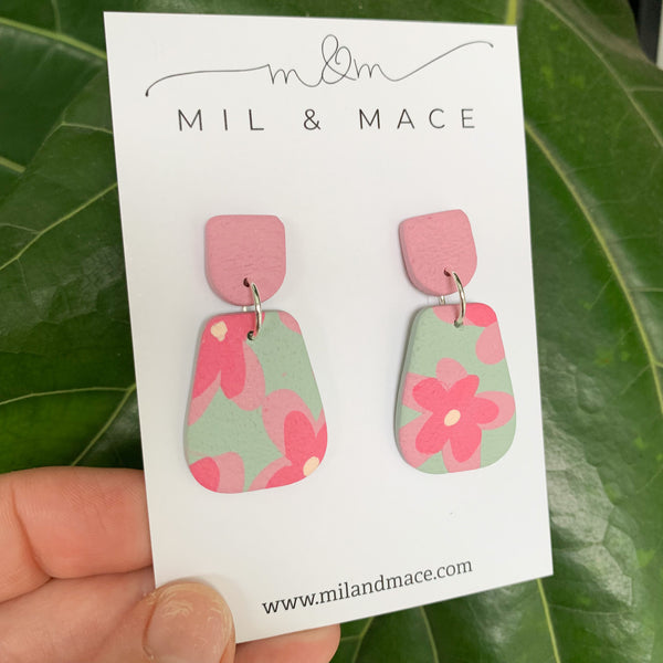 Green and Pink Floral Print Polymer Clay Dangle Earrings