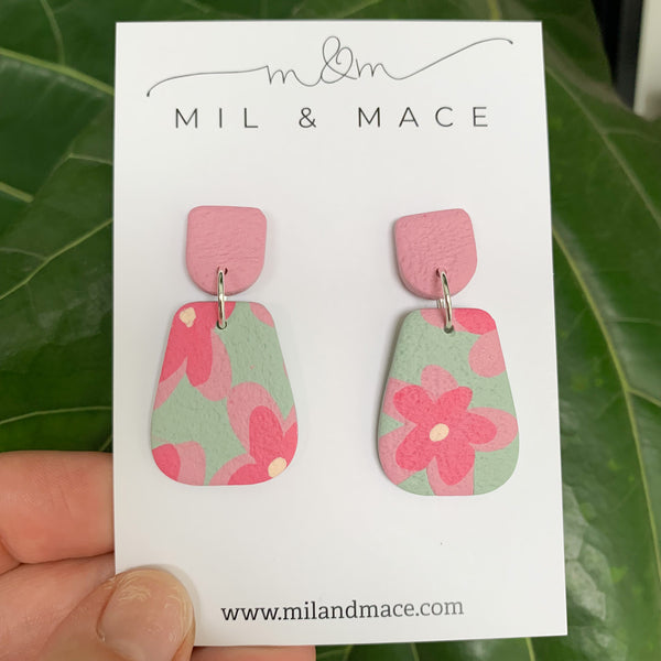 Green and Pink Floral Print Polymer Clay Dangle Earrings
