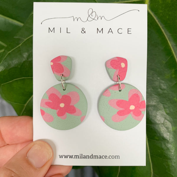 Green and Pink Floral Print Polymer Clay Dangle Earrings