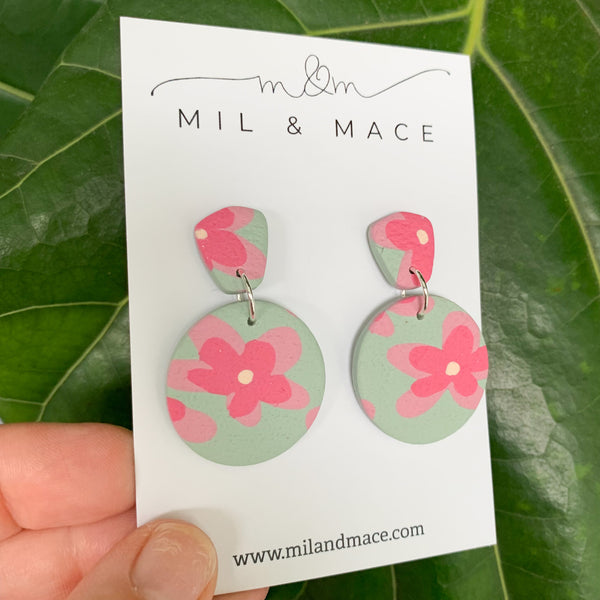 Green and Pink Floral Print Polymer Clay Dangle Earrings