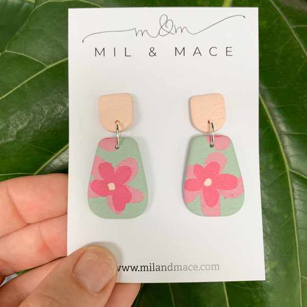 Green and Pink Floral Print Polymer Clay Dangle Earrings