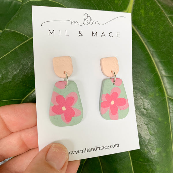 Green and Pink Floral Print Polymer Clay Dangle Earrings