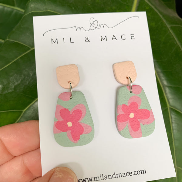 Green and Pink Floral Print Polymer Clay Dangle Earrings