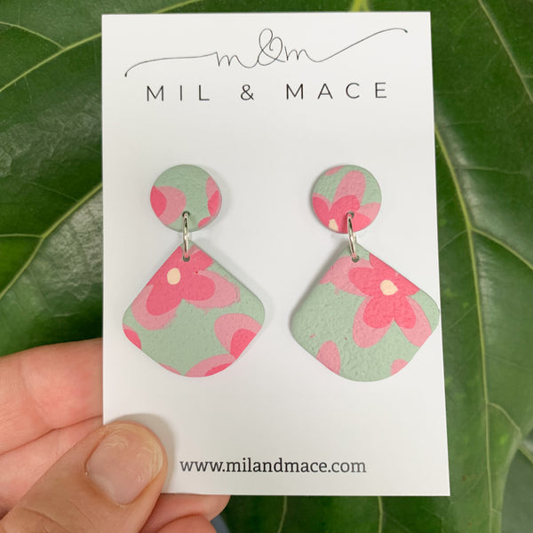 Green and Pink Floral Print Polymer Clay Dangle Earrings