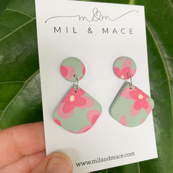 Green and Pink Floral Print Polymer Clay Dangle Earrings