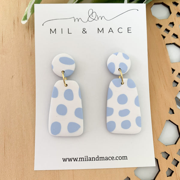 Pastel Blue and White Polymer Clay Dangle Earrings