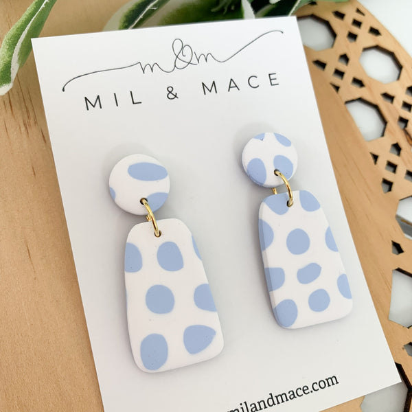 Pastel Blue and White Polymer Clay Dangle Earrings