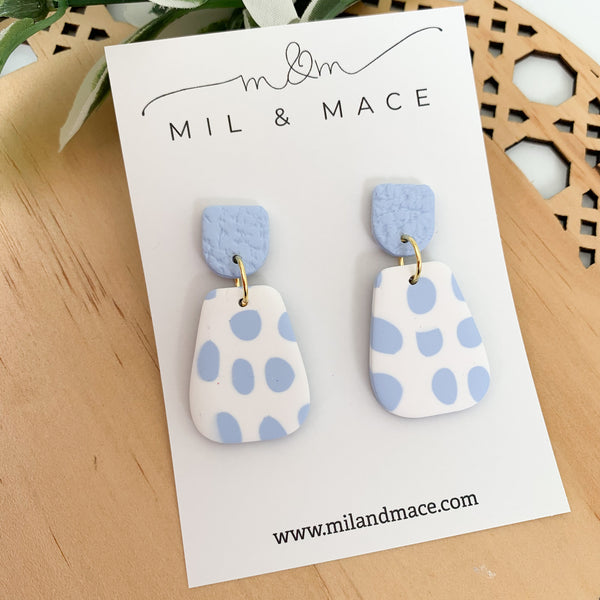 Pastel Blue and White Polymer Clay Dangle Earrings