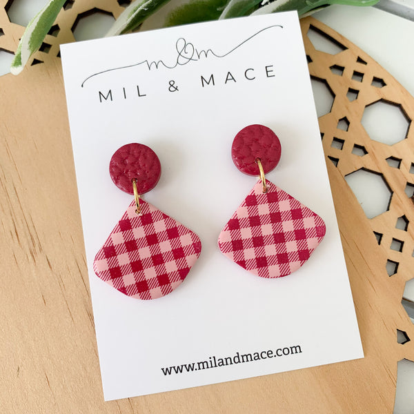 Burgundy and Pink Polkadot and Gingham Polymer Clay Dangle Earrings