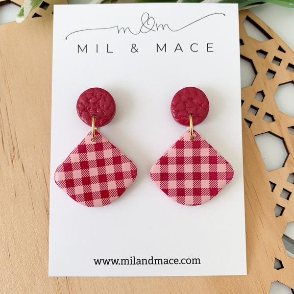 Burgundy and Pink Polkadot and Gingham Polymer Clay Dangle Earrings